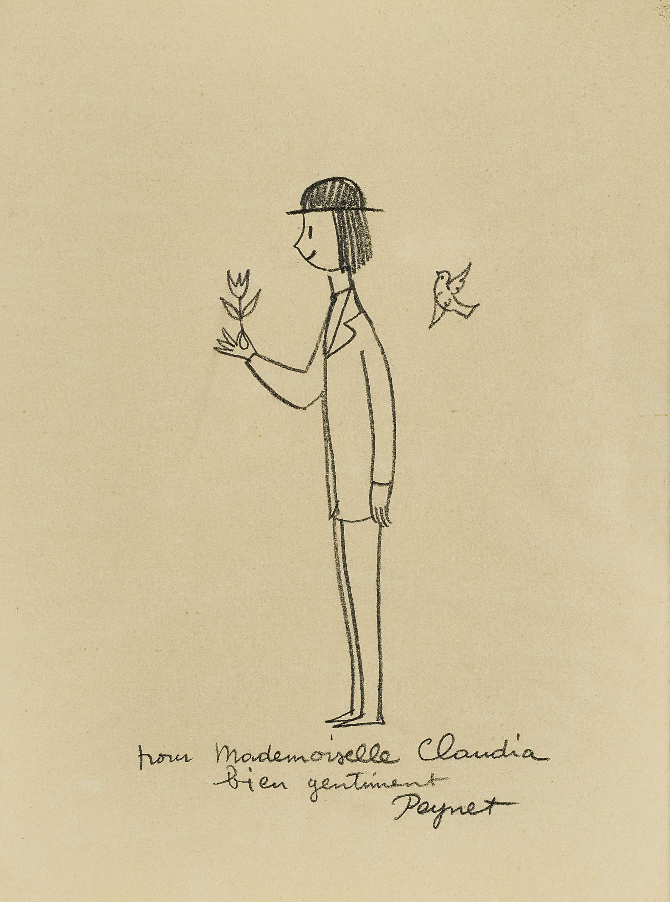 PEYNET, RAYMONDParis 1908 - 1999 MouginsMann mit Blume und Vogel.Bleistift,sig. u.M., gewidmet,26x19