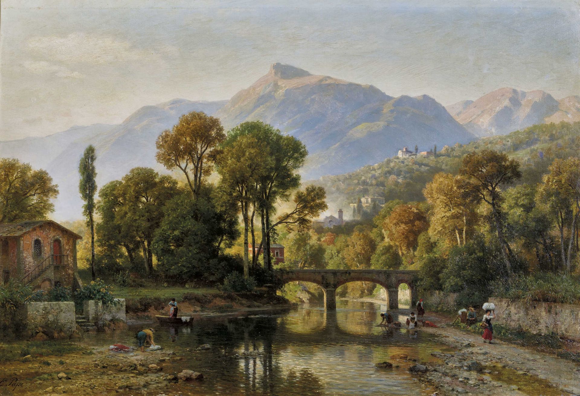 PAPE, FRIEDRICH EDUARD1817 Berlin 1905Südliche Landschaft mit Wäscherinnen am Fluss.Öl auf