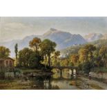 PAPE, FRIEDRICH EDUARD1817 Berlin 1905Südliche Landschaft mit Wäscherinnen am Fluss.Öl auf