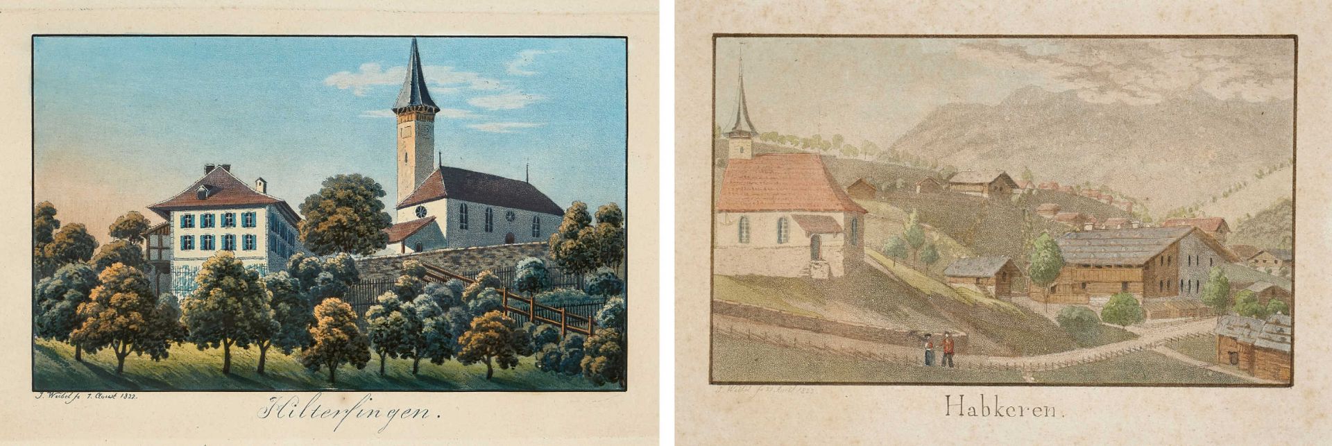 WEIBEL, JAKOB SAMUEL1771 Bern 1846Konvolut.2 Blätter aus "Bernische Landpfarrhäuser": 1. "Habkeren".
