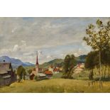 DUFAUX, AUGUSTE FRÉDÉRICGenève 1852 - 1943 LausanneHügelige Sommerlandschaft mit einem Dorf.Öl auf