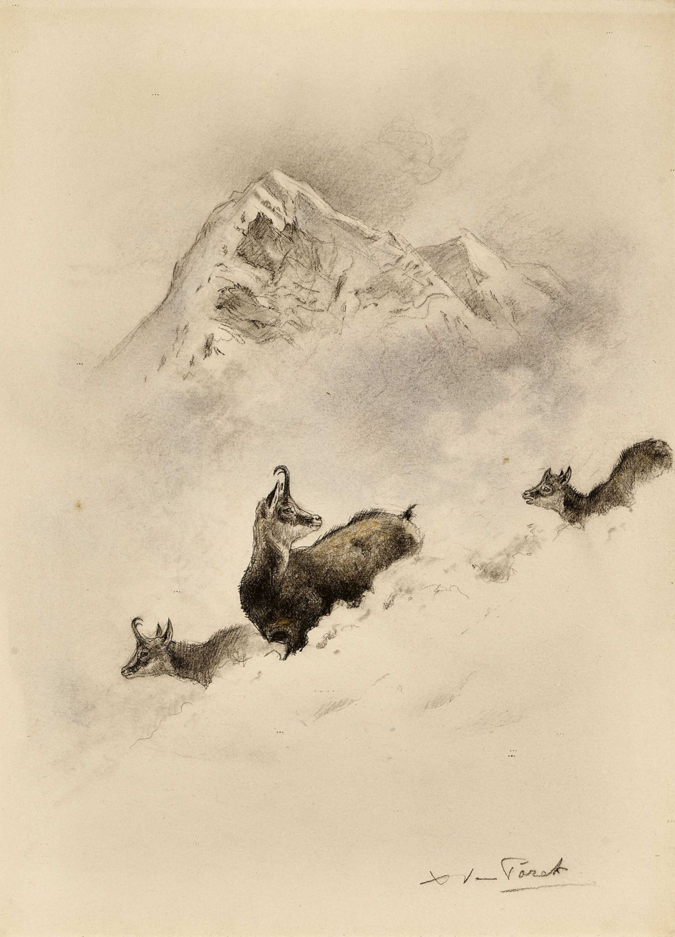 PORET, XAVIER DEDinan 1894 - 1975 MontgexGämsen im Schnee.Bleistift und Farbkreide,sig. u.r.,32x24