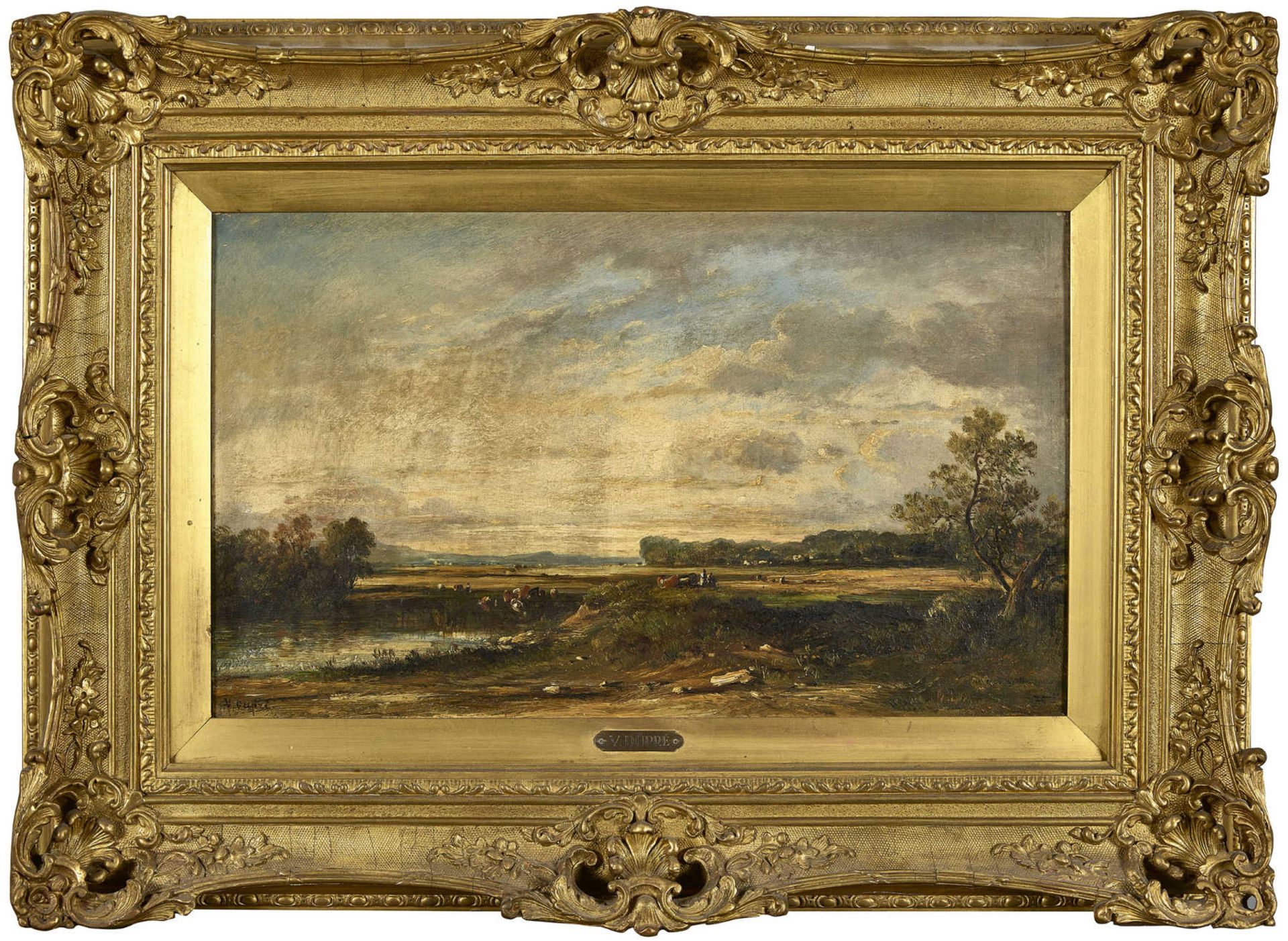 DUPRÉ, LÉON VICTORLimoges 1816 - 1879 ParisPaysans aux vaches.Öl auf Leinwand,sig. u.l.,33x55 - Bild 2 aus 4