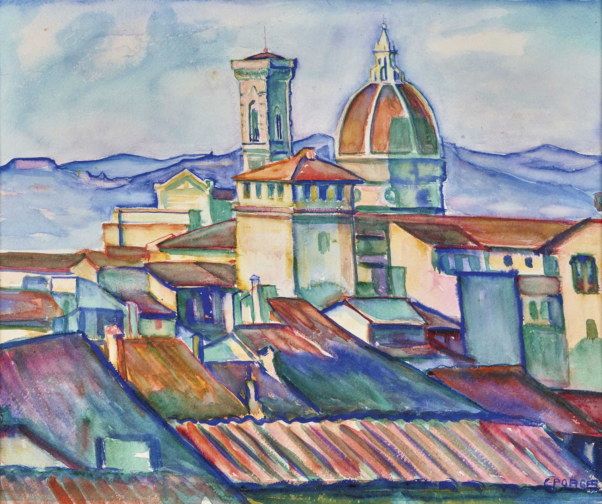 PORGES, CLARABerlin 1879 - 1963 SamedanBlick auf die Dächer von Florenz.Aquarell,sig. u.r.,39x47 cm-