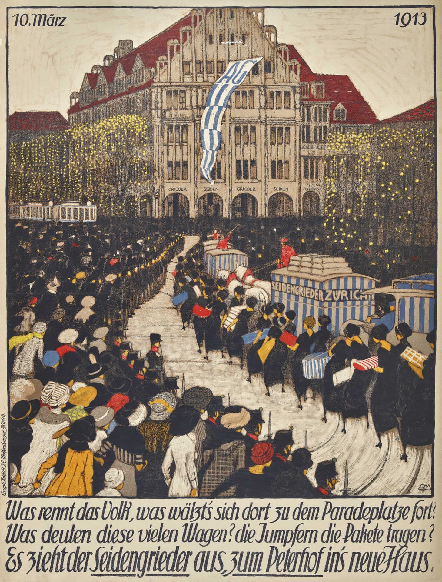 MANGOLD, BURKHARD1873 Basel 1950Es zieht der Seidengrieder aus....Farblithografie,im Stein mgr. u.
