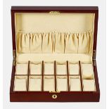 AUFBEWAHRUNGSBOXOne large horizontal wood and beige velvet fitted box for twelve gentleman's