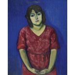 FRANKREICH, 20. JH.Frau im roten Kleid vor blauem Grund.Öl auf Leinwand,81x65 cm- - -22.00 % buyer's