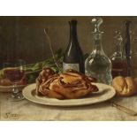 FALCHETTI, GIUSEPPECaluso 1843 - 1918 TurinStillleben mit Geflügelbraten, Semmel und Wein.Öl auf