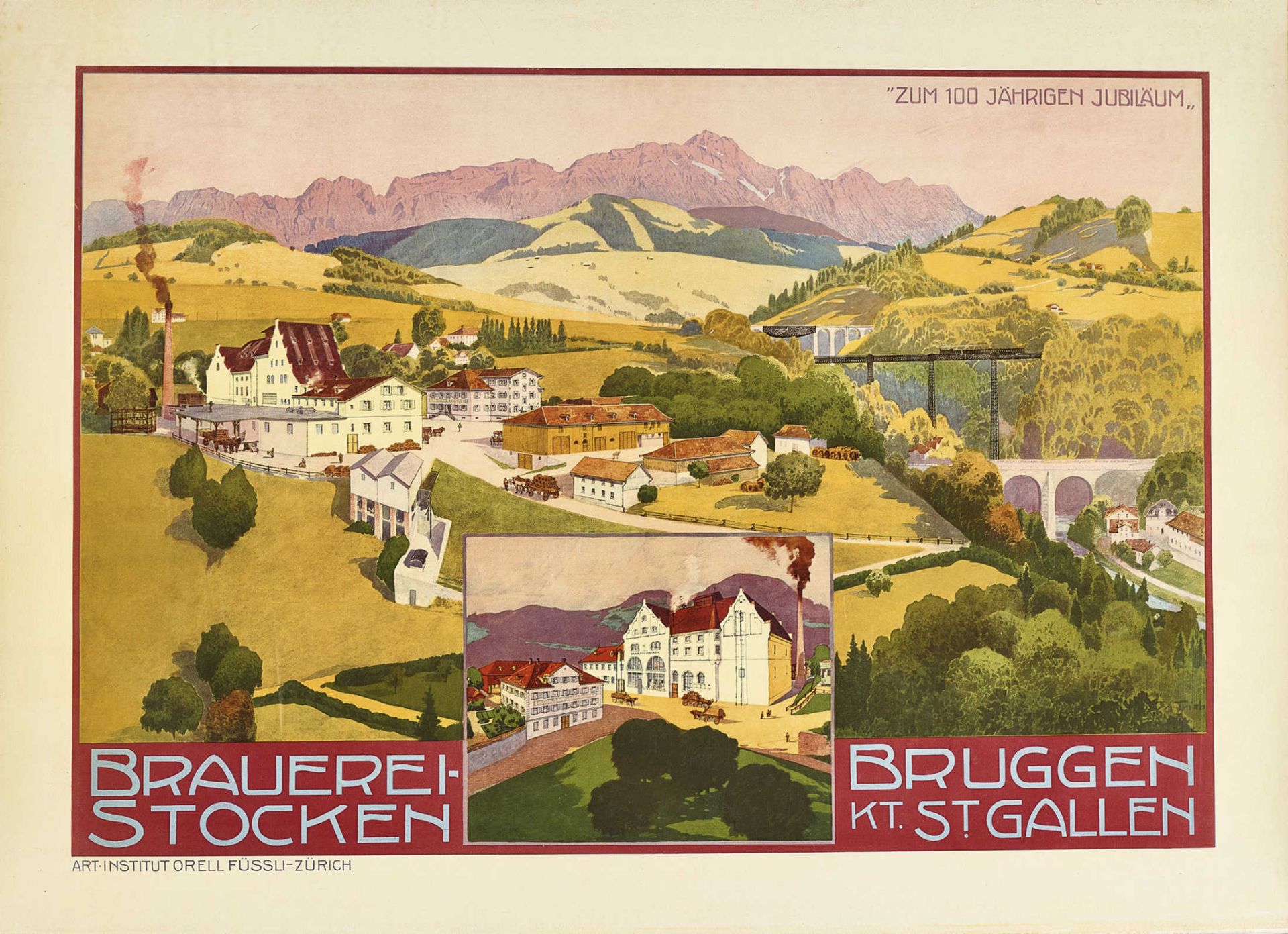 ANONYMBrauerei-Bruggen Stocken St. Gallen.Farblithografie,bez. "Orell Füssli",58x85 cmBlattränder