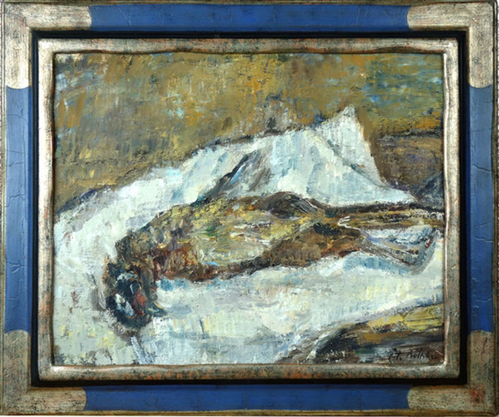 Böttcher, ManfredÖl auf Leinwand, 40,5 x 50 cmStillleben mit totem Vogel (1986)Signiert. Verso auf - Bild 2 aus 2