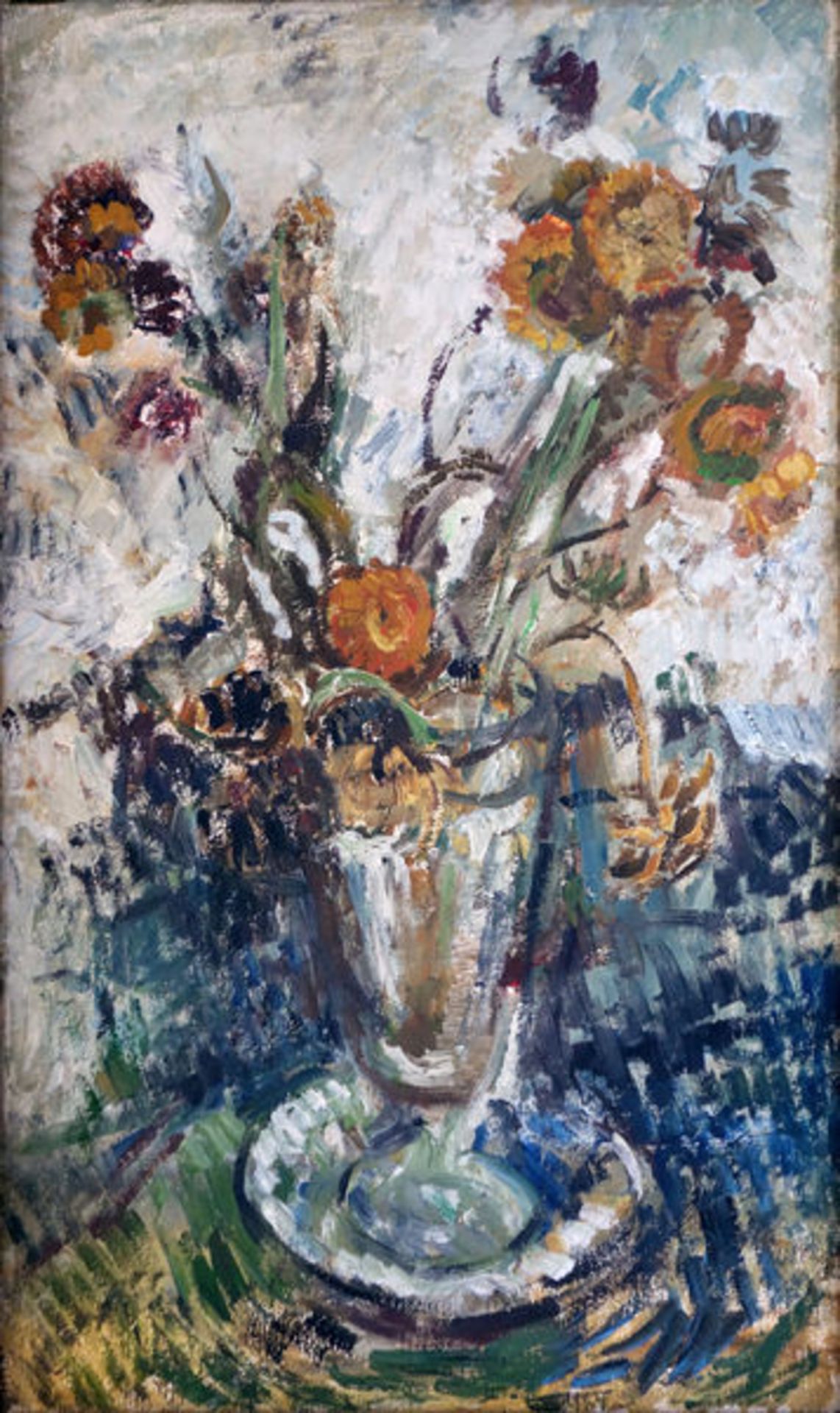 Böttcher, ManfredÖl auf Leinwand, 50 x 30 cmBlumen in Vase (1971)Auf der Rückseite der Leinwand