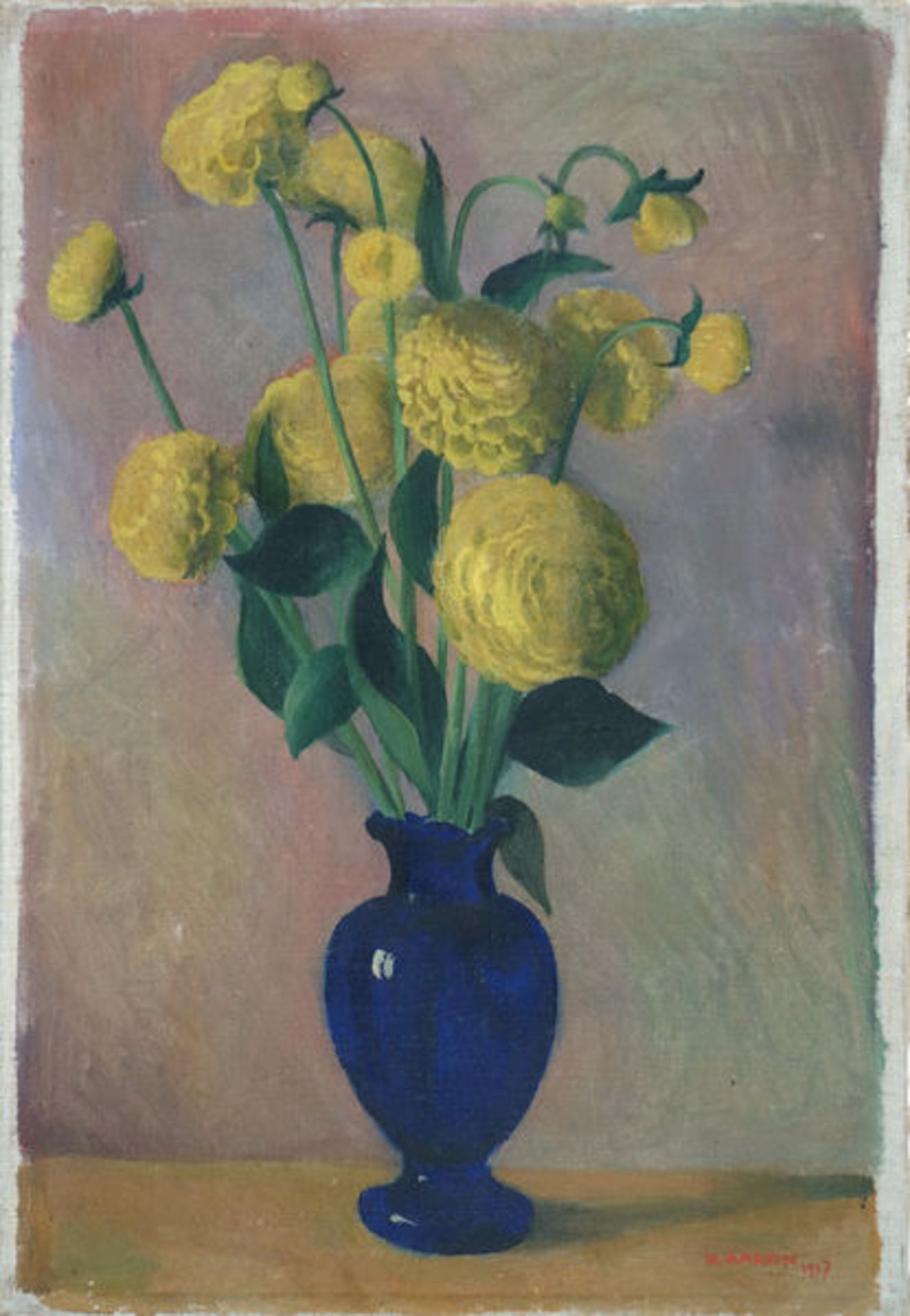 Amrein, RobertÖl auf Leinwand auf Keilrahmen aufgezogen, 40 x 27,3 cmGelbe Dahlien in blauer Vase (