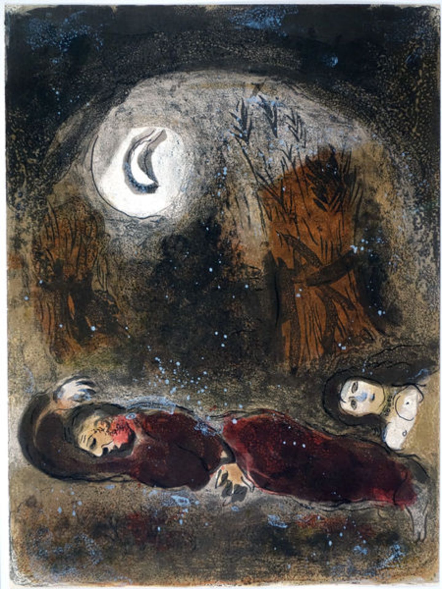 Chagall, MarcFarblithographie auf Velin, 35,5 x 26,3 cmRuth aux pieds de Booz (1960)Mourlot 248.