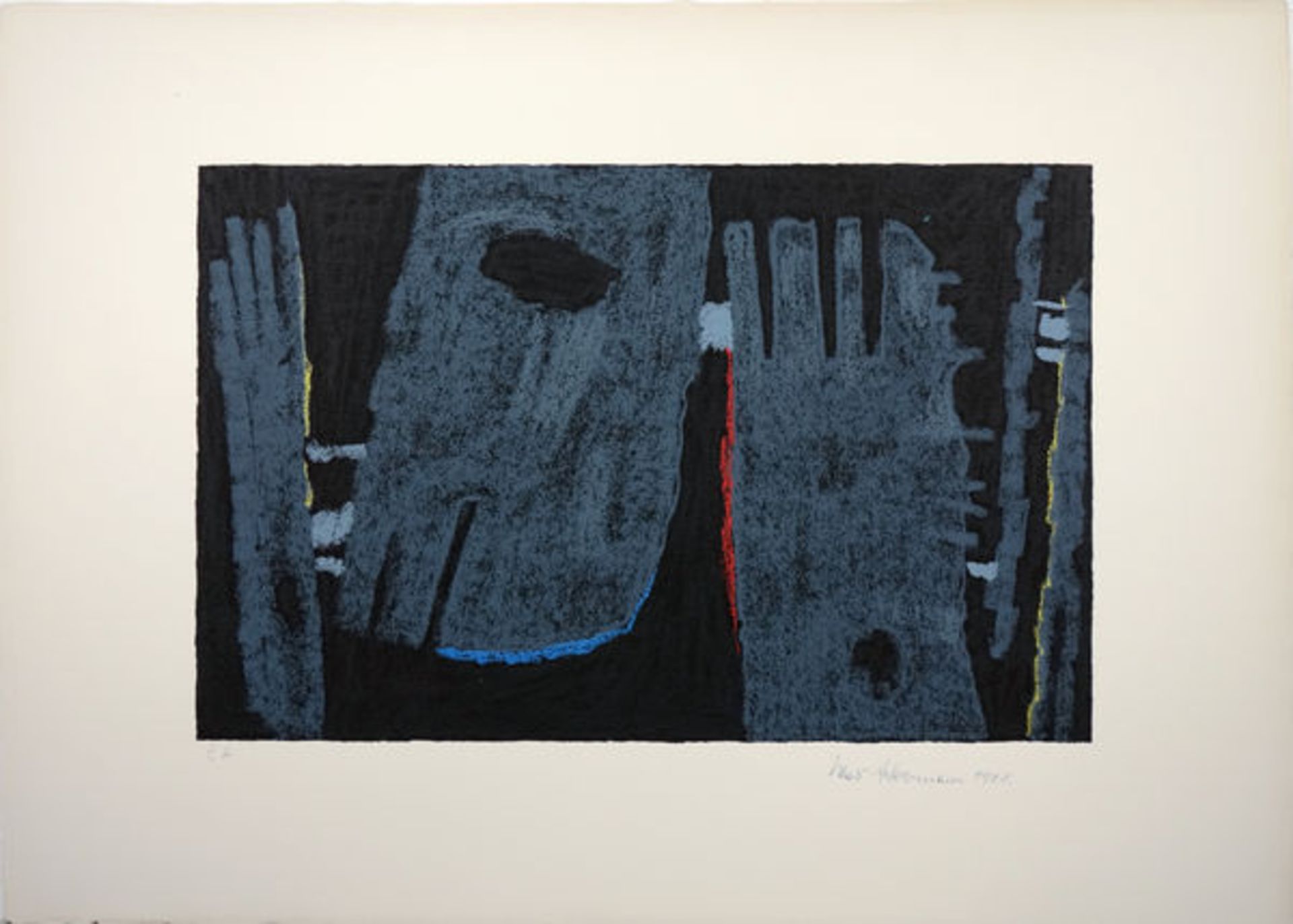 Urzeichen (1961)Color serigraphy on hand made paper. signet, dated with blue ball pen. Dentoted "E.