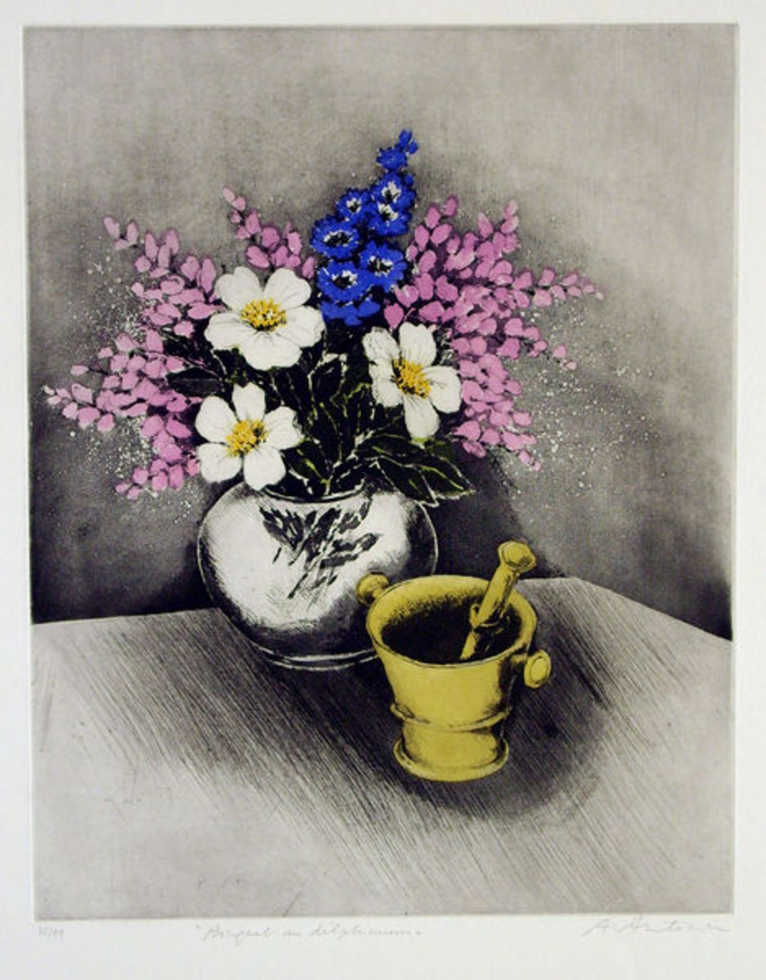 Les violettes, Bouquet délphinium, Crayons et tarlataneCollection of 3 etchings on hand made