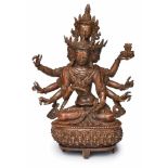 Avalokiteshvara, Tibet um 1920.Bronze, rotbraun patiniert. Bodhisattva m. 4 Köpfen u. 8 Armen. Im