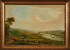 Gemälde Landschaftsmaler um 1800"Weite Flusslandschaft mit Staffage" Öl/Lwd. (doubl.), 52 x 74 cm