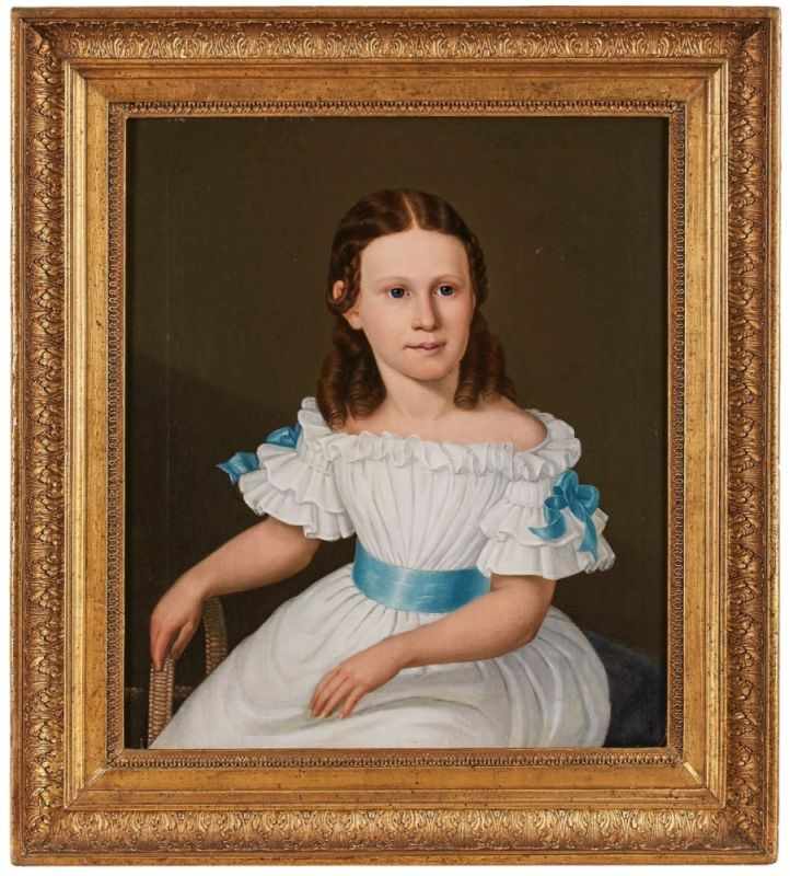 Gemälde Bildnismaler um 1830"Porträt eines Mädchens im Sommerkleid" Öl/Lwd., 58 x 51,5 cm
