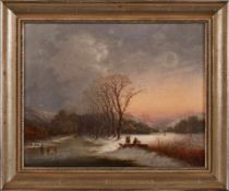 Gemälde Landschaftsmaler 19. Jh."Winterlandschaft mit Abendrot" Öl/Lwd. (doubl.), 30,3 x 38,3 cm