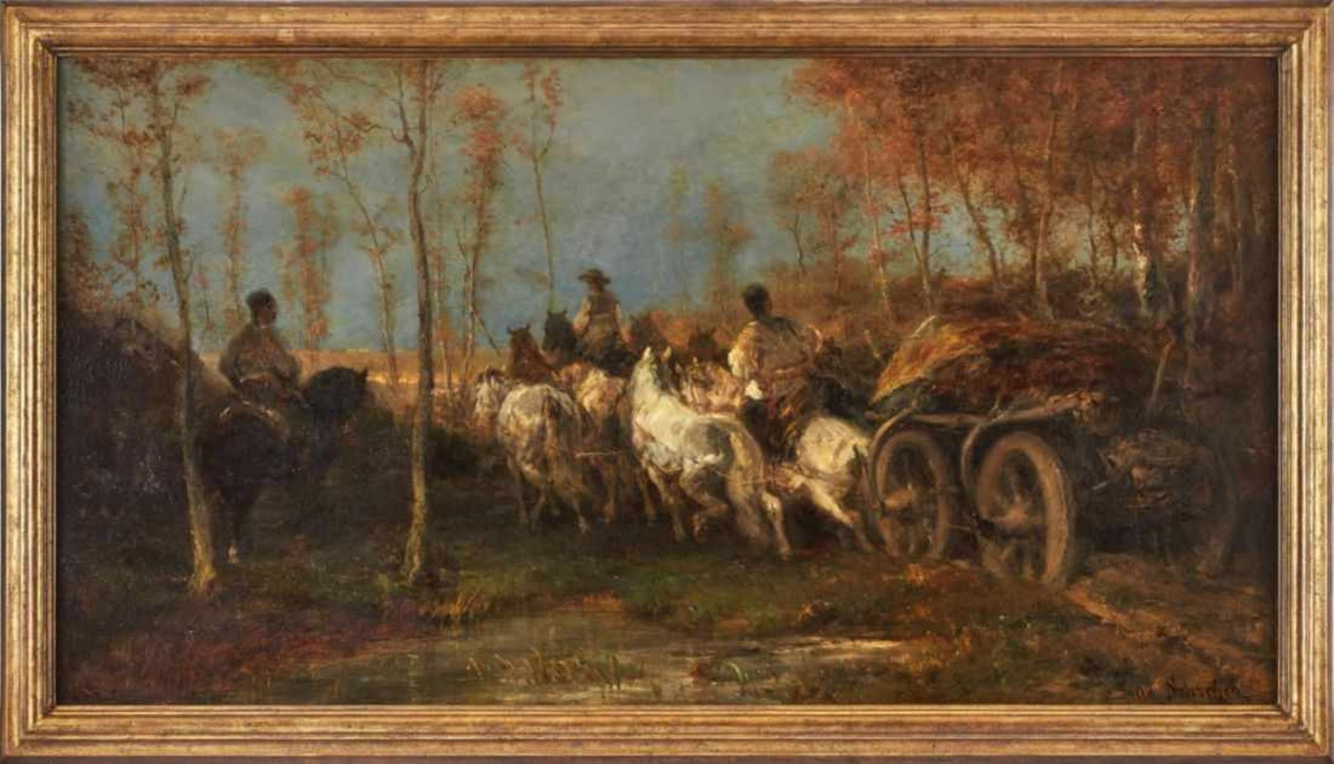 Gemälde Adolf Schreyer1828 Frankfurt - 1899 Kronberg "Heimkehrender Panjewagen" u. re. sign. Ad.