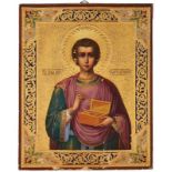 Ikone Russland um 1880"Heiliger Panteleimon" Temperamalerei und Vergoldung auf Laubholztafel. 26,5 x