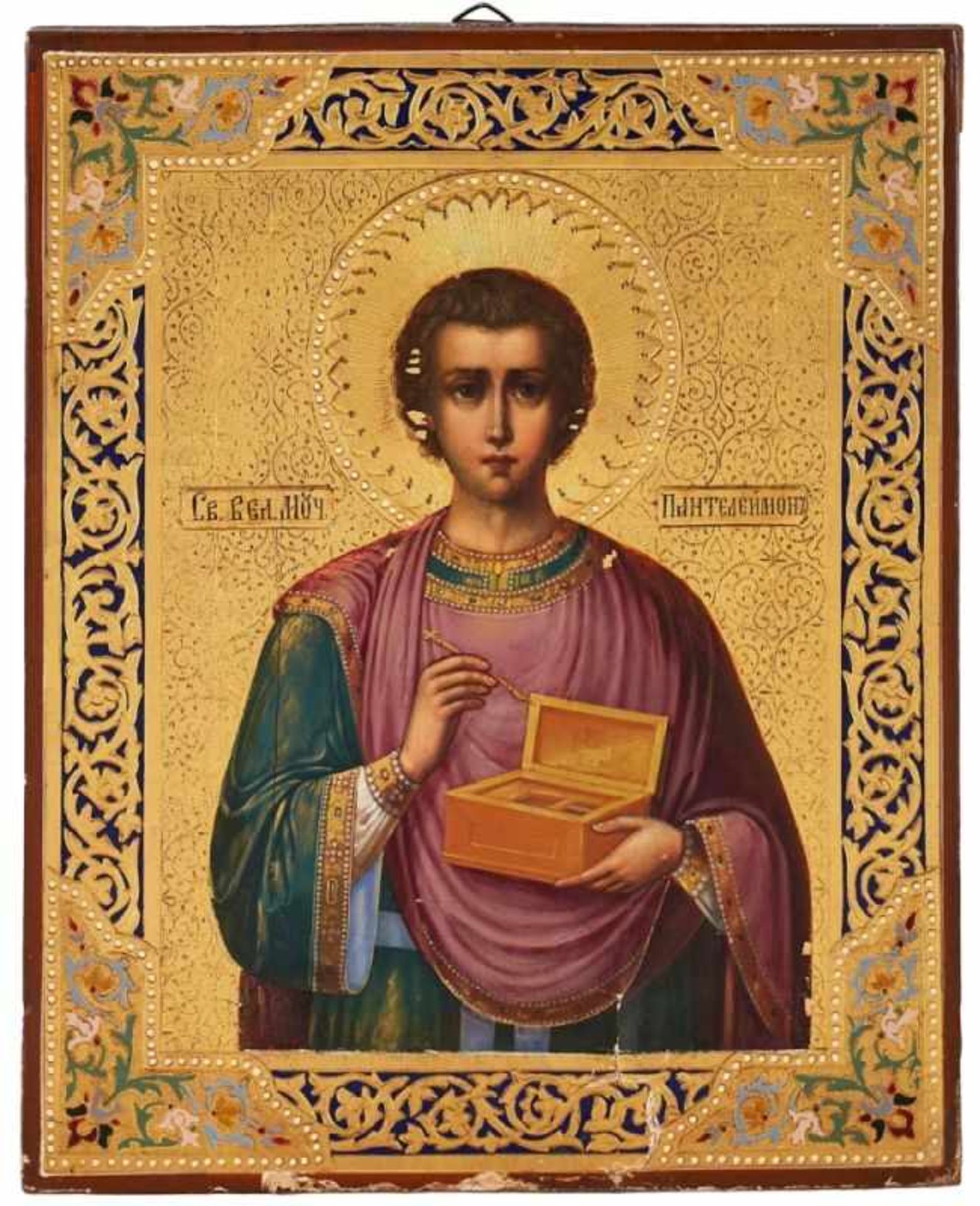 Ikone Russland um 1880"Heiliger Panteleimon" Temperamalerei und Vergoldung auf Laubholztafel. 26,5 x