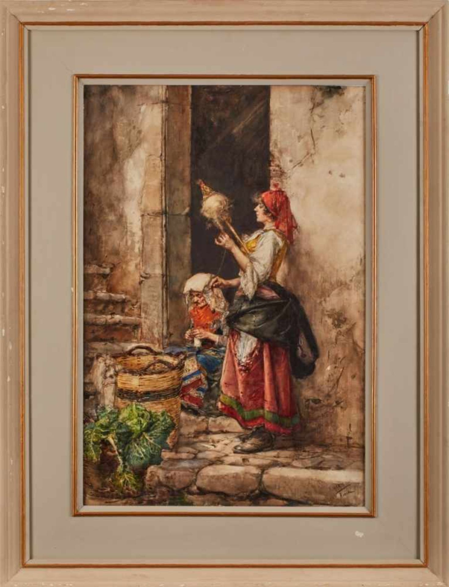 Aquarell, weiß gehöhtVicente March geb. 1850 Valencia, wirkte in Rom "Italienerinnen bei der