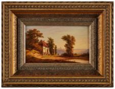 GemäldeLandschaftsmaler 19. Jh. "Romantische Landschaft im Abendlicht" Öl/Holz, 8,2 x 14 cm