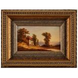 GemäldeLandschaftsmaler 19. Jh. "Romantische Landschaft im Abendlicht" Öl/Holz, 8,2 x 14 cm