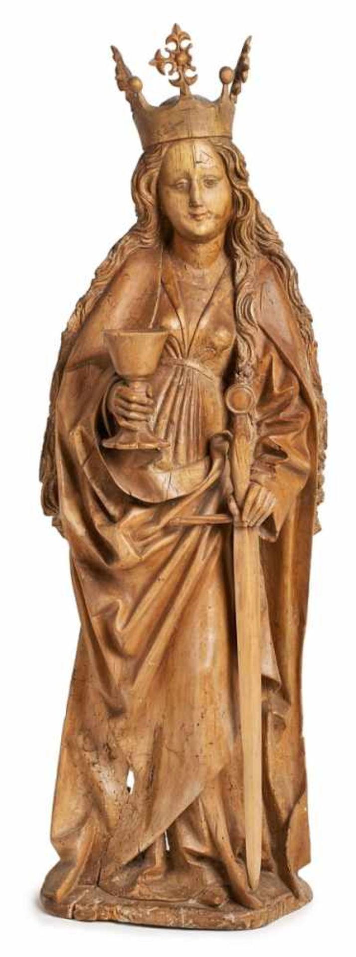 Gr. gotische Holzskulptur "Heilige Barbara",wohl Franken 15. Jh. Lindenholz halbrd. geschnitzt m.