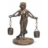 Kl. Bronze"Holländische Wasserträgerin" Anfang 20. Jh. Hellbraun patiniert. Stehende Figur auf rd.