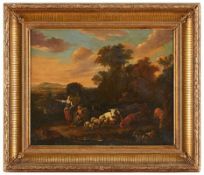 Gemälde Genremaler des 18. Jh.In der Nachfolge des N. Berchem. "Hirtenszene in idealer Landschaft"