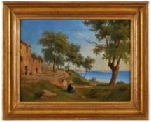 Gemälde Genremaler 19.Jh"Südliche Landschaft mit Freilicht-Malern" Öl/Lwd. auf Karton, 27,5 x 36 cm
