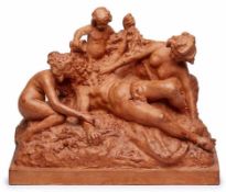 Terracotta sign. A.M. PecheBacchus mit Nymphen, um 1900. Roter Scherben, patiniert.