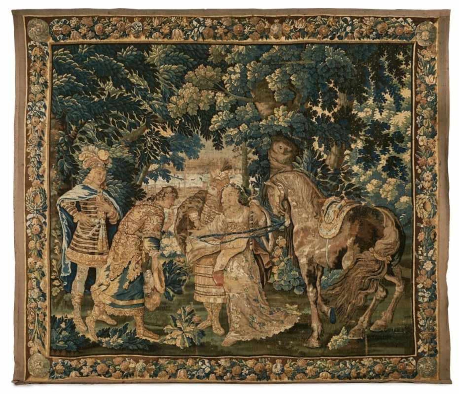 Tapisserie, flämisch um 1700.Mythologische Szene: Orientalischer König bei der Brautübergabe in