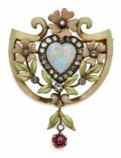 Ornament-Brosche, 18 kt GG, emailliert, 1 Opalherz (Riss), 1 Rubin-Cabochon, 27Brillianten, L 3,8