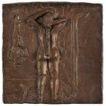 Bronze Relief "Weiblicher Rückenakt".Quadratisch. Dunkelbraun patiniert. U. li. monogr. "MS", Ex.