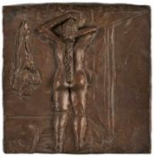 Bronze Relief "Weiblicher Rückenakt".Quadratisch. Dunkelbraun patiniert. U. li. monogr. "MS", Ex.