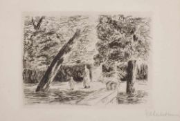 Radierung Max Liebermann1847 Berlin - 1935 Berlin "Gartenszene mit Frau und Kind" um 1922 u. re.