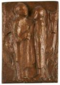 Bronze Relief "Zwei Männer mit Pferd" um1969. Rechteckig. Hellbraun patiniert. Unsign. H 33,5, B