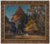 Gemälde Paul Kretzschmar1867 Heinichen - 1936 Meissen Deutscher Landschaftsmaler. "Burghof" u. re.