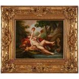 Gemälde Figurenmaler um 1900"Zimbelspielende Mänade mit jungem Faun" Öl/Lwd.(doubl.), 32,5 x 41 cm