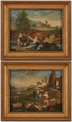Paar Gemälde Genremaler 18. Jh."Landschaften mit Hirtenszenen" Öl/Lwd. auf Holz, 18 x 22 cm
