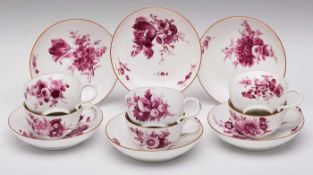 Satz von 6 Teetassen mit UT,Meissen Marcolini (1774-1813). Halbkugelige Tasse m. Ohrenhenkel,