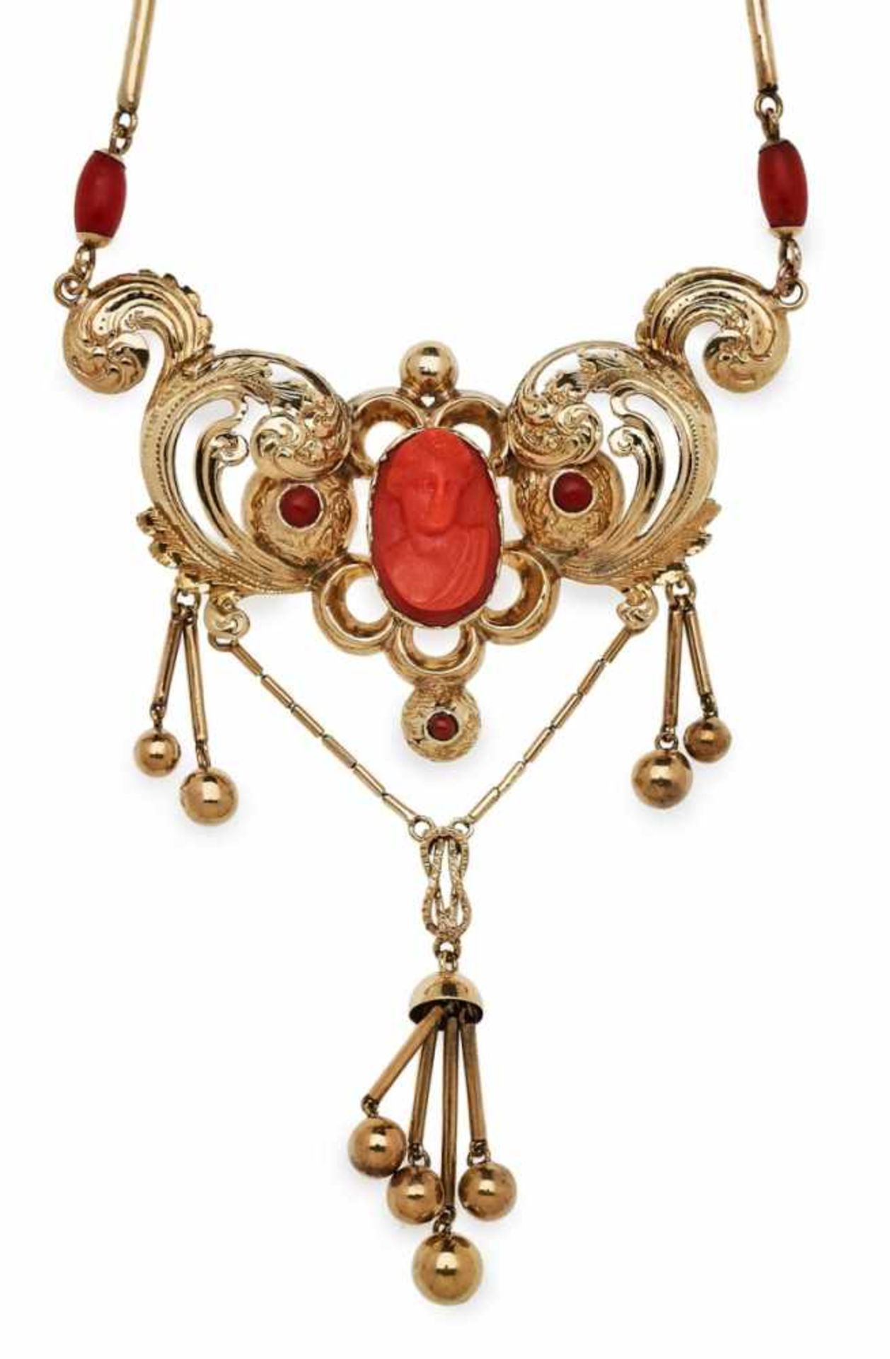 Collier, um 1860, 14 kt GG, gegliedert, besetzt mit Korallen, floraler Anhänger mittig mitKorallen-