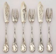 Fischbesteck für 3 Pers., Jugendstil,Bruckmann um 1900. 800er Silber. Flacher, gerundet endender