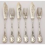 Fischbesteck für 3 Pers., Jugendstil,Bruckmann um 1900. 800er Silber. Flacher, gerundet endender