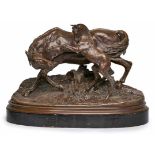 Gr. Bronzegruppe P. J. Mêne,(1810 Paris - 1879 Paris) "Pferdegruppe" hellbraun patiniert. Stute m.