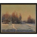 Gemälde Wiktor Korecki1890 - 1980 "Verschneite Winterlandschaft im Abendlicht" u. li. sign. Wiktor