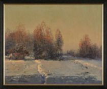 Gemälde Wiktor Korecki1890 - 1980 "Verschneite Winterlandschaft im Abendlicht" u. li. sign. Wiktor